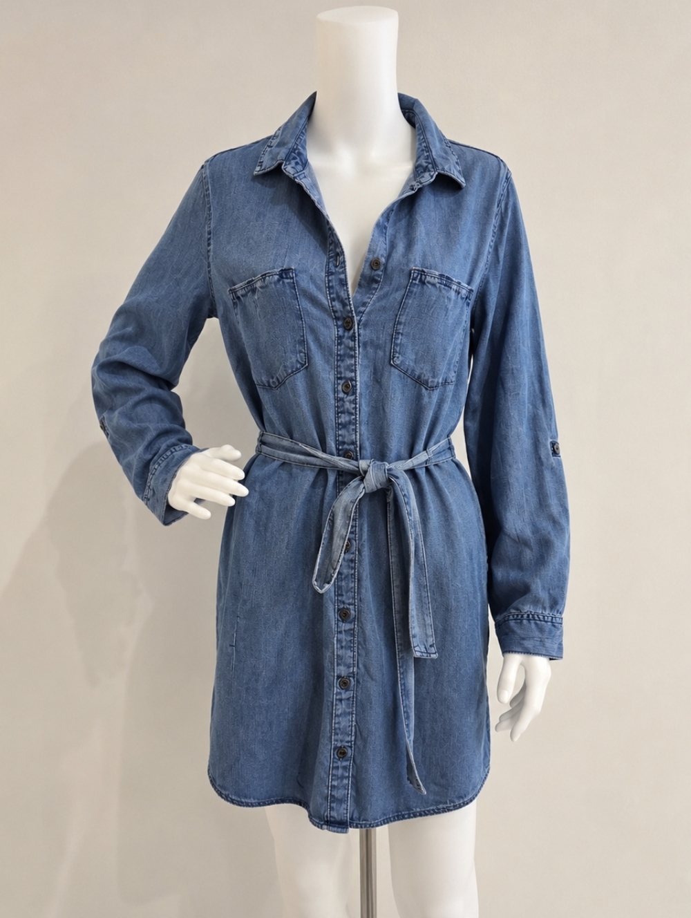 Velvet Heart Blue Denim Button Front Shirt Dress Belted Pockets Size M